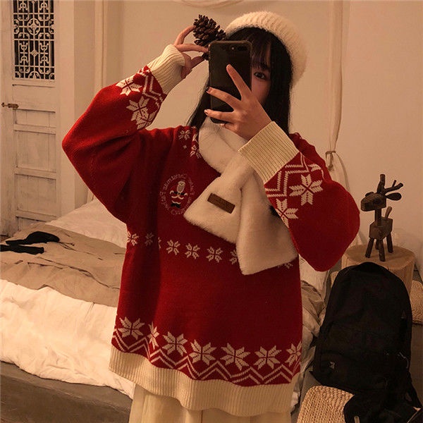 {cherry Phong Cách Hàn Quốc Hàng Có Sẵn} Áo Sweater Chui Đầu Dày Màu Đỏ Giáng Sinh Mùa Đông Phiên Bản Hồng Kông Cổ Điển Hình Hoa Tuyết Dễ