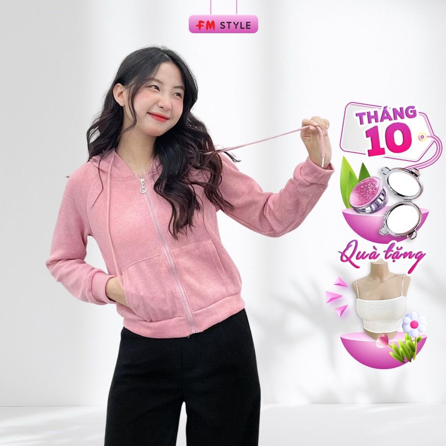 Áo khoác nhung pha len nữ FM Style phối túi có mũ nhiều màu dễ thương phong cách basic Hàn Quốc 206270120