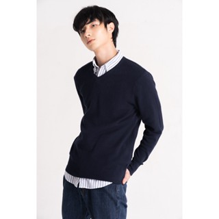 Áo len nam trơn We Simple cổ tim dài tay dệt sợi pha len xanh navy