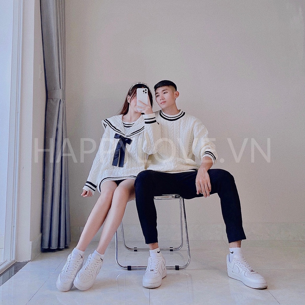 Đồ đôi Couple Áo Len Cặp đôi Nam nữ màu Trắng vặn thừng Thuỷ Thủ chất len dày dặn Quảng Châu cao cấp HAPPYLOVE H012