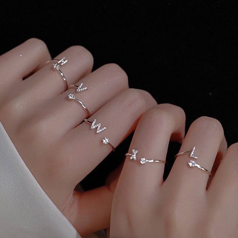 Nhẫn chữ cái hở tùy chỉnh cho nữ Nhẫn Đeo Tay 26 Chữ Cái Đính Đá Kim Cương Đơn Giản Cá Tính Có Thể Điều Chỉnh