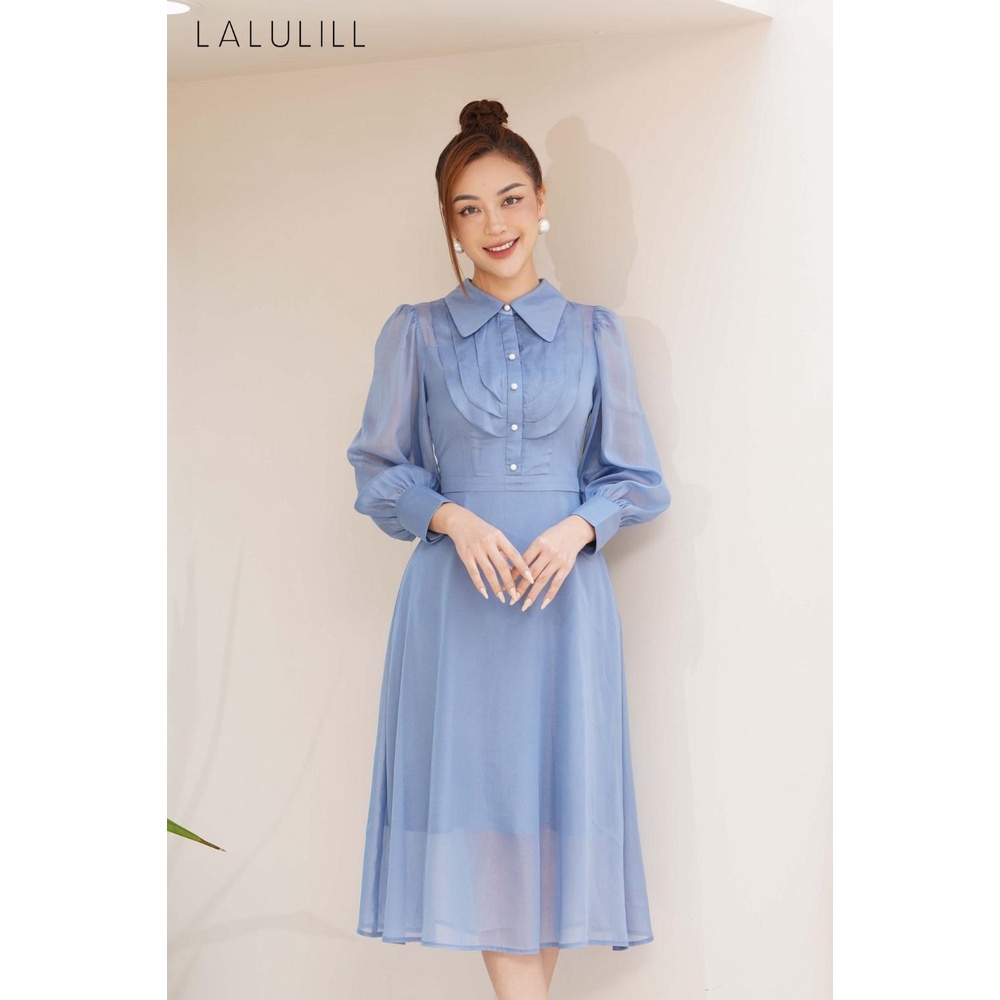 Đầm công sở nữ cổ đức dáng A thắt eo LALULILL may hai lớp phối tà nẹp thân trên LDL2264001