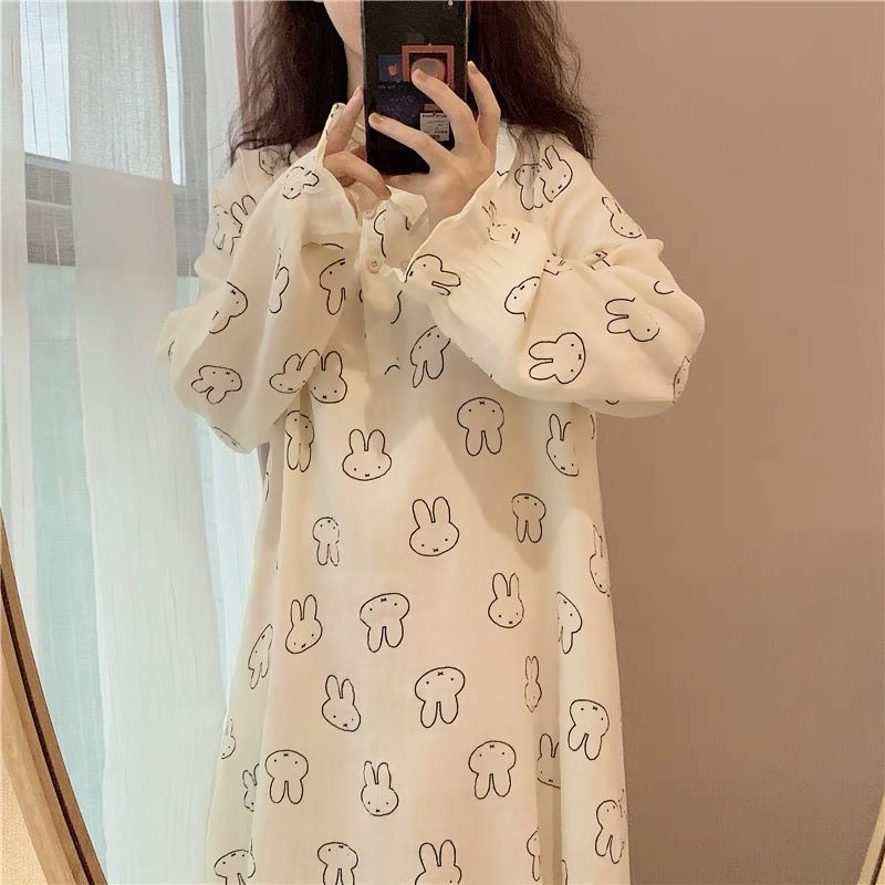 Đầm Ngủ Tay Dài In Họa Tiết Thỏ Dễ Thương Thời Trang Mùa Thu Xinh Xắn Cho Nữ (Không Phai Màu)