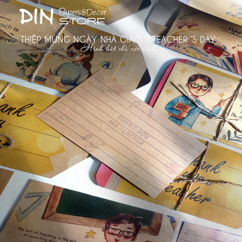 Thiệp Handmade tặng Giáo viên - Mừng ngày nhà giáo Việt Nam 20-11 - Pencil Kraft Card kiểu dáng bút chì- DIN Store