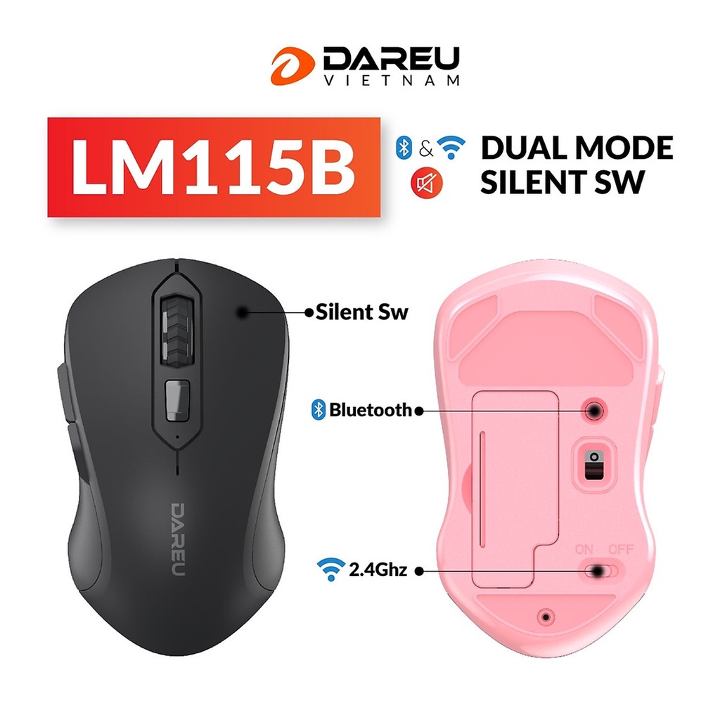 Chuột không dây Bluetooth 5.0 Dareu LM115B + Wireless 2.4GHz  - Hàng Chính hãng