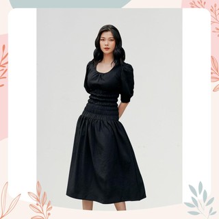 Đầm cổ tròn nữ yv le & co vải rayon + poly màu đen nhẹ nhàng