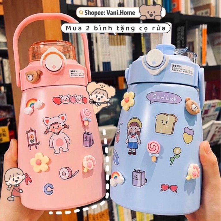 Bình nước giữ nhiệt cute có sticker và ống hút kiểu dáng dễ thương - Bình giữ nhiệt sticker 900ml cho bé inox 304 xịn  h