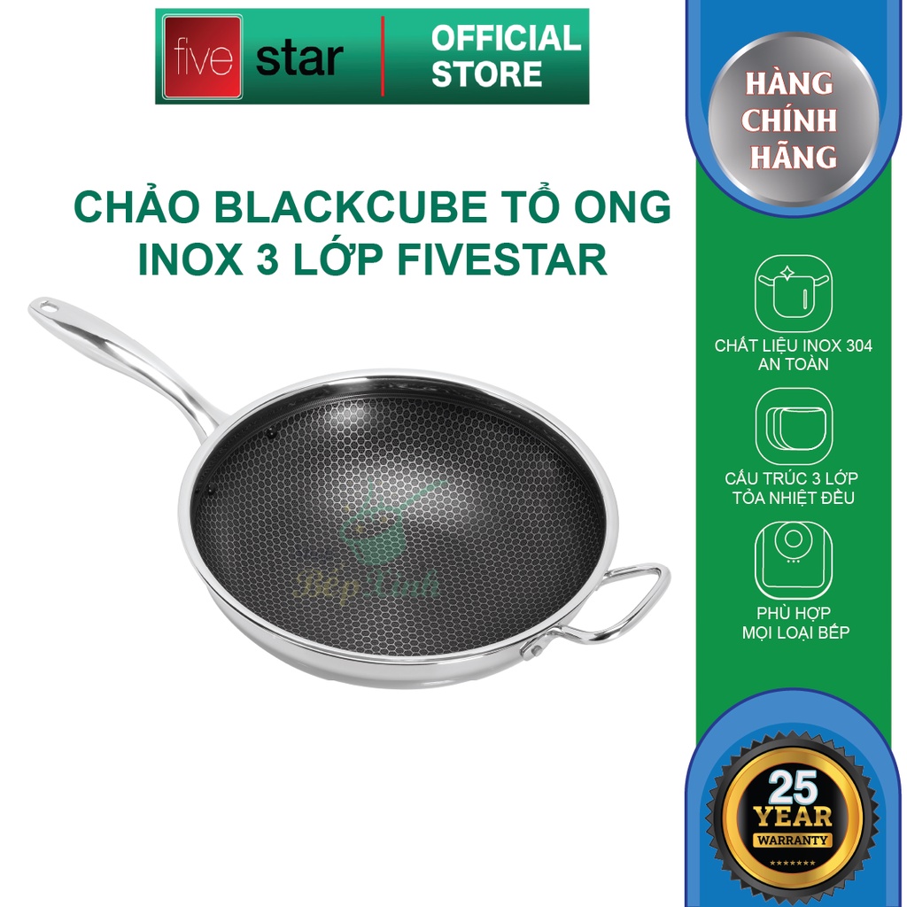 Chảo inox chống dính sâu lòng 3 lớp đáy liền Fivestar Blackcube inox 304 cao cấp ( 30cm / 32cm ) , dùng được mọi bếp