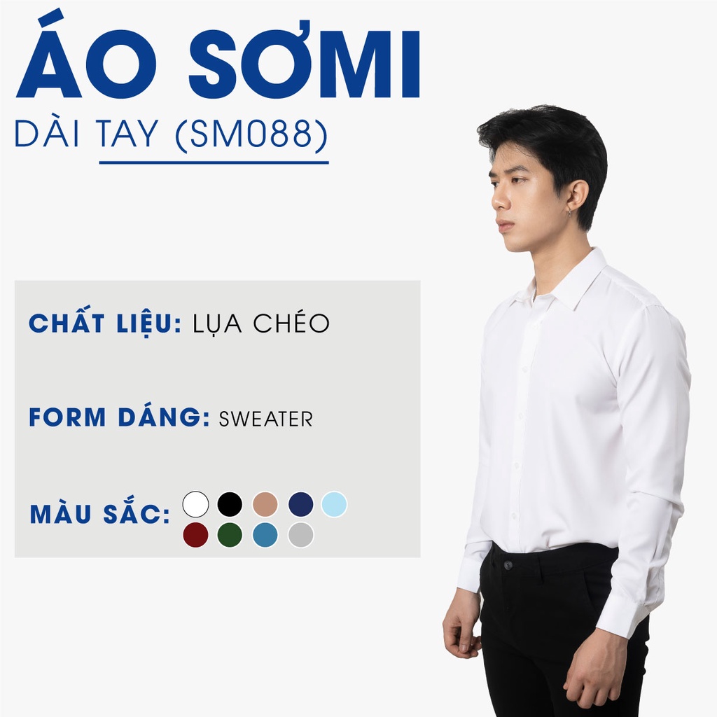Áo Sơ Mi Nam Trơn Tay Dài 4MEN AOSOMI088 cổ Đức, vải chéo mềm mịn hạn chế nhăn, thoáng mát, thanh lịch, trẻ trung