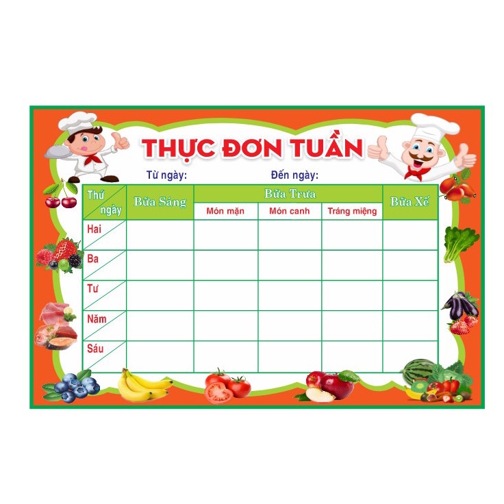 Thực đơn tuần, bảng biểu nhà bếp mầm non theo quy định chất liệu decal kích thước 80x100cm; 100x120cm