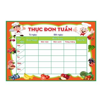 Thực đơn tuần, bảng biểu nhà bếp mầm non theo quy định chất liệu decal kích thước 80x100cm; 100x120cm