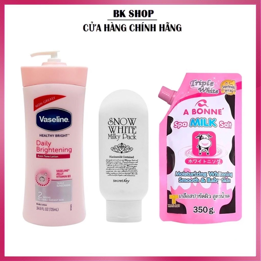 Combo Dưỡng Thể Vaseline , Kem Dưỡng Snow White Secret Key, Muối Tẩy Da Chết