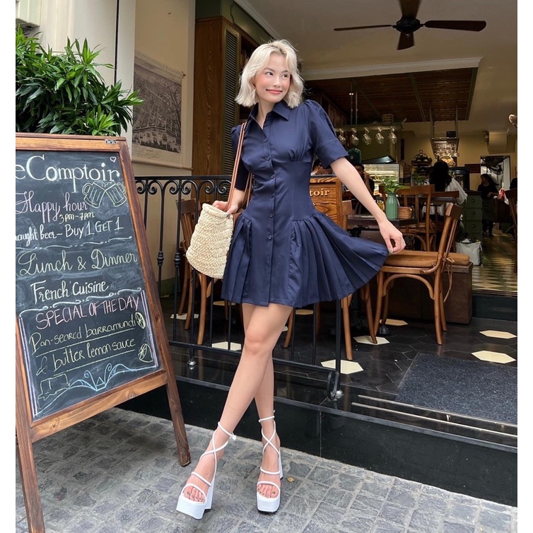 Đầm Old School xếp ly chít eo
