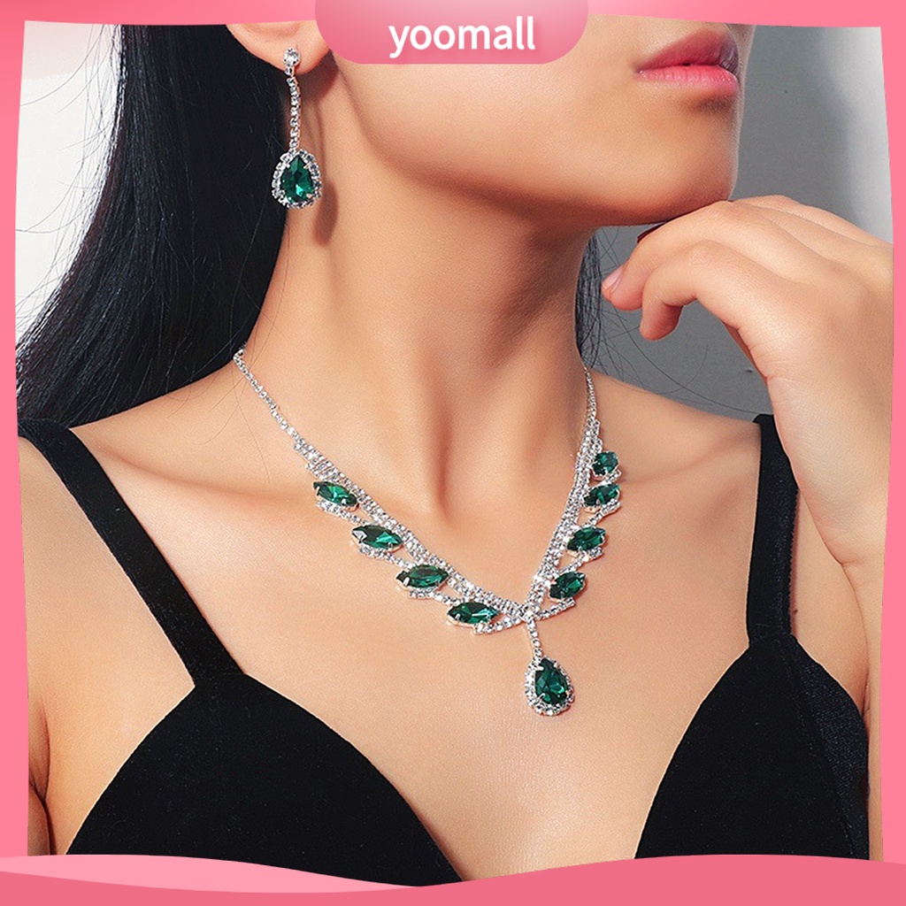 Yoomall| 1 Bộ Vòng cổ Và Bông Tai Mạ Điện Hình Giọt Nước Đính Đá Lấp Lánh Cho Cô Dâu