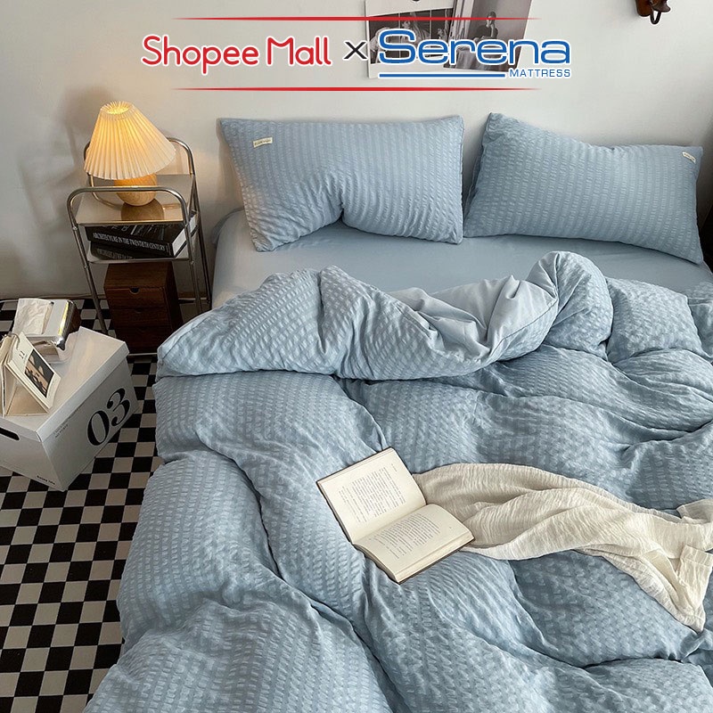 Bộ Ga Nệm Cao Cấp 5 Món Tici Kẻ Sọc SERENA MATTRESS Chuẩn Khách Sạn Chăn Ga Ra Gối Đệm Niệm Drap Grap Giường Chính Hãng