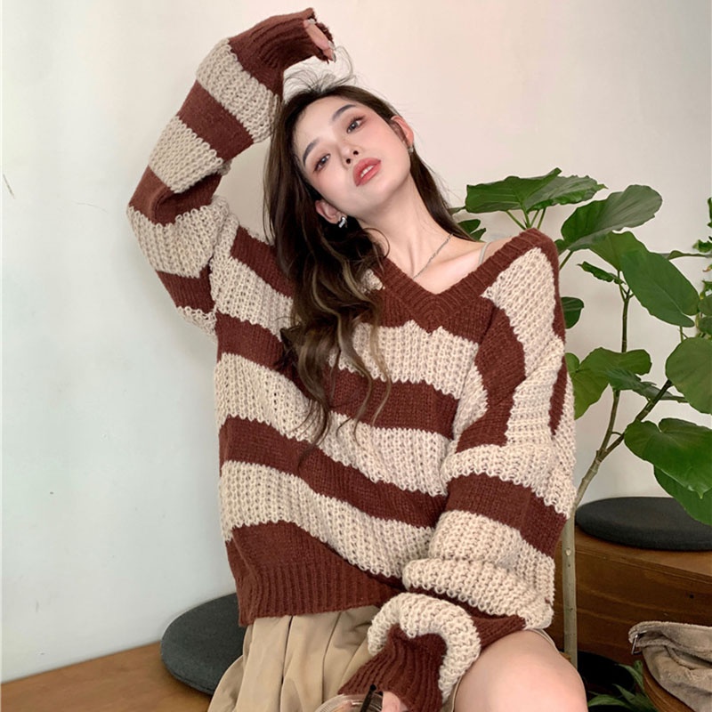 IELGY Áo Len Cổ Chữ V Dáng Rộng Họa Tiết Kẻ Sọc Phong Cách Hàn Quốc Thời Trang Cho Nữ