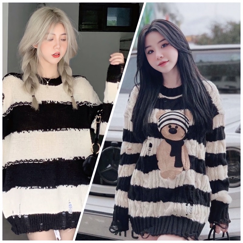 Áo len RÁCH gấu nữ form rộng dày dặn ulzzang hàng QCL1