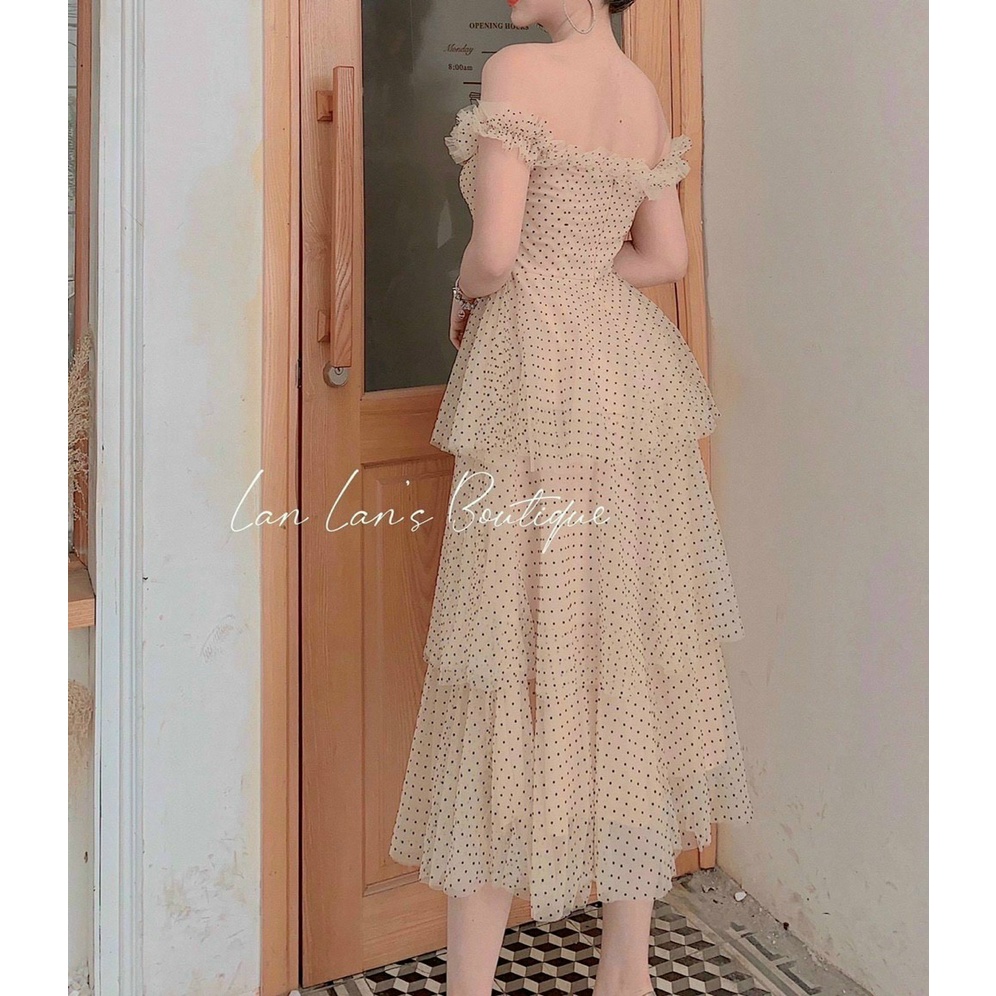 (Miễn Phí Ship 2022) Đầm nữ trễ vai dáng xòe tầng,đầm bi lưới có mút,chất đẹp tone màu tôn da sang chảnh,lên from xinh