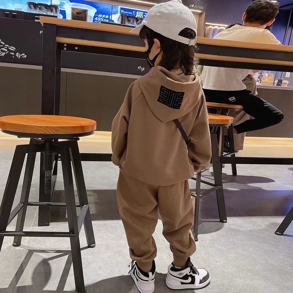 Bộ Áo Nỉ Hoodie + Quần Dài Lót Lông Cừu Ấm Áp Hợp Thời Trang Thu Đông Cho Bé Trai