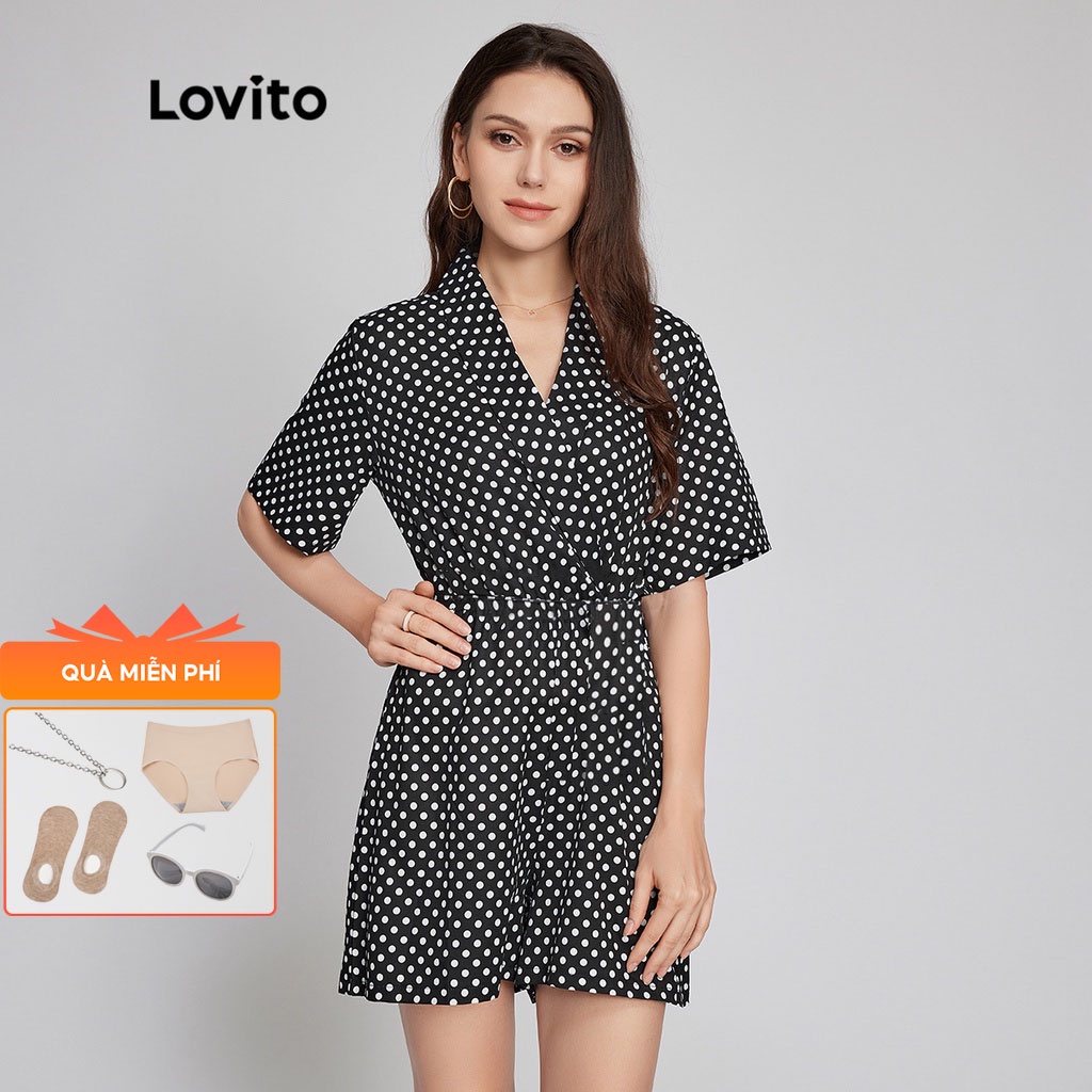 Áo liền quần ngắn Lovito phong cách thanh lịch chấm bi tôn dáng kiểu blazer ngắn L26LD078 (màu trắng và đen)