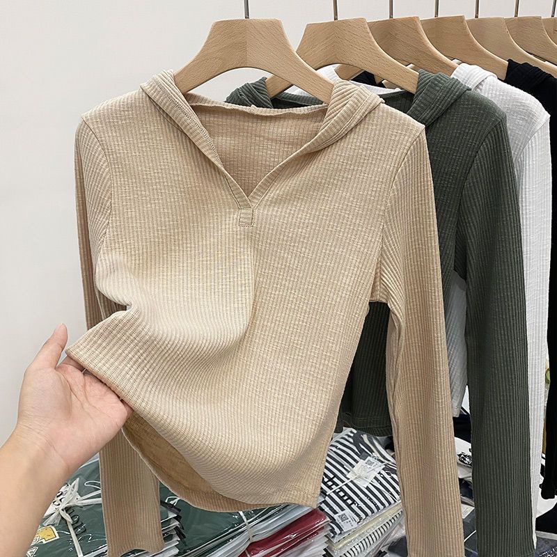 COZOK Áo Thun Tay Dài Có Nón Cổ Chữ V Dáng Ôm Thời Trang Cho Nữ