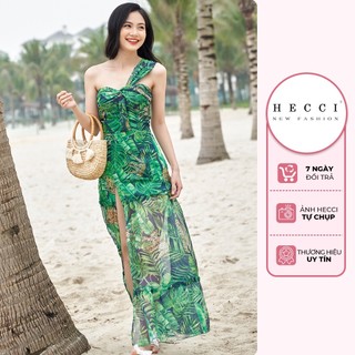 Váy maxi nữ thời trang Hecci thiết kế lệch vai vải lụa họa tiết V276