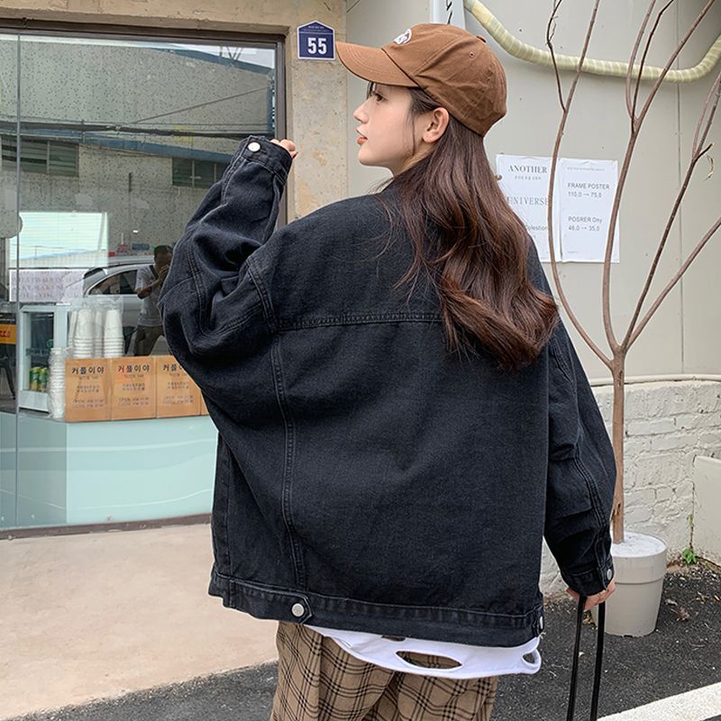 [Hàng Có Sẵn] Áo Khoác Denim Dáng Rộng Màu Đen Size Lớn Thời Trang Xuân Thu Hàn Quốc Cho Nữ