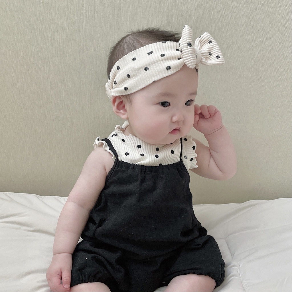 Áo Không Tay Chấm Bi + Băng Đô Nơ Thời Trang Mùa Hè Hàn Quốc Cho Bé Gái