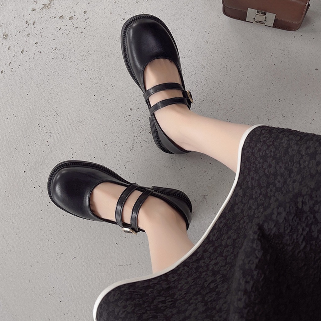 Giày búp bê lolita đế bằng 2 dây phối khóa chất da mềm lên chân xinh xắn mã TTK16