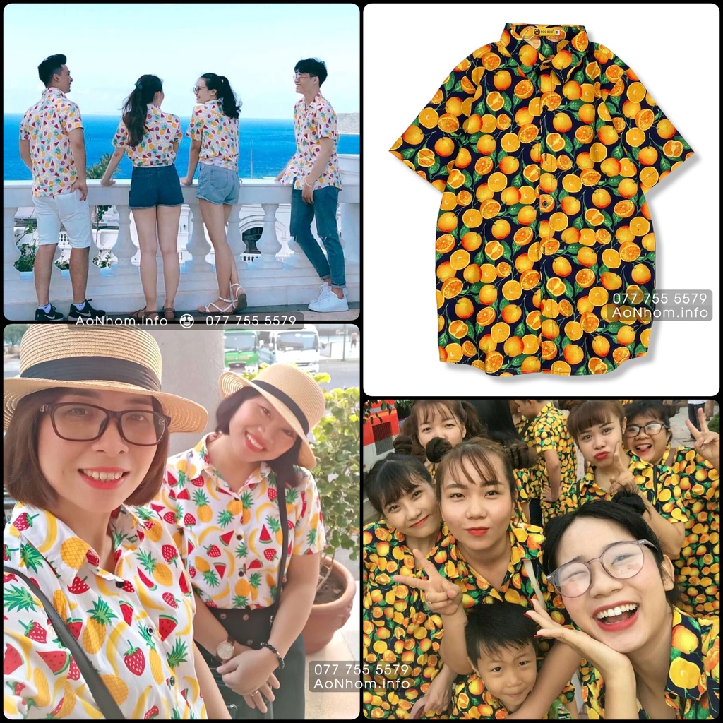 Áo Sơ Mi Hawaii Đi Biển - Cam Vàng Thơm Dưa Dâu - Áo Đôi Đồng Phục Nhóm Lớp Team Building Hoạ Tiết Hoa Lá Trái Cây