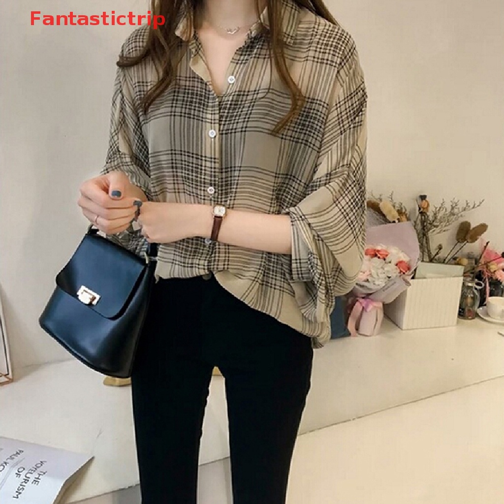 [Fantastictrip] Women Plaid Shirts Batwing Sleeve Chiffon Blouses Tops Plus Size Tartan Blusas NEW