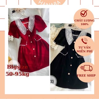 Đầm nhung cổ phối ren tay ngắn bigsize 50-95kg màu đỏ đen hanaba DN1