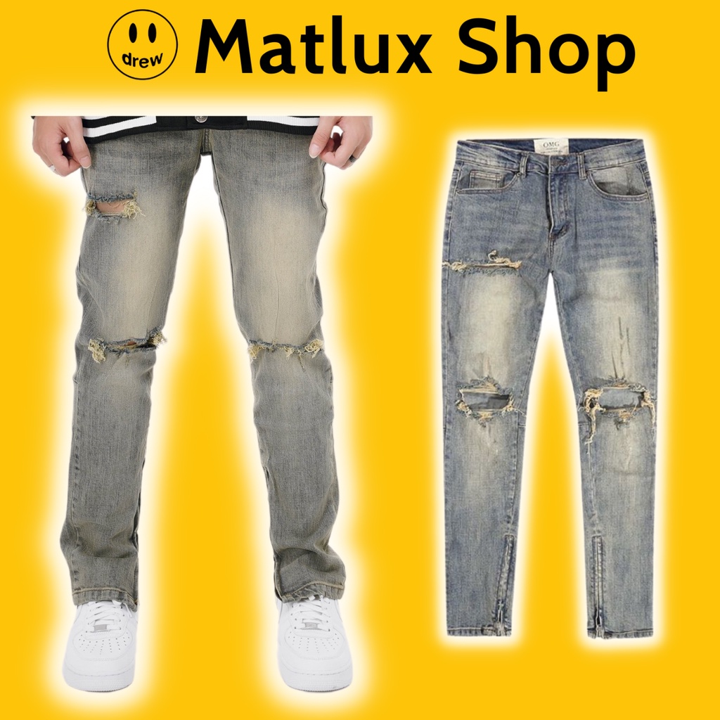 Quần jean nam xanh rêu bạc rách gối chất bò đẹp co giãn cao cấp, quần bò nam rách gối màu xanh MATLUX, quần rách gối
