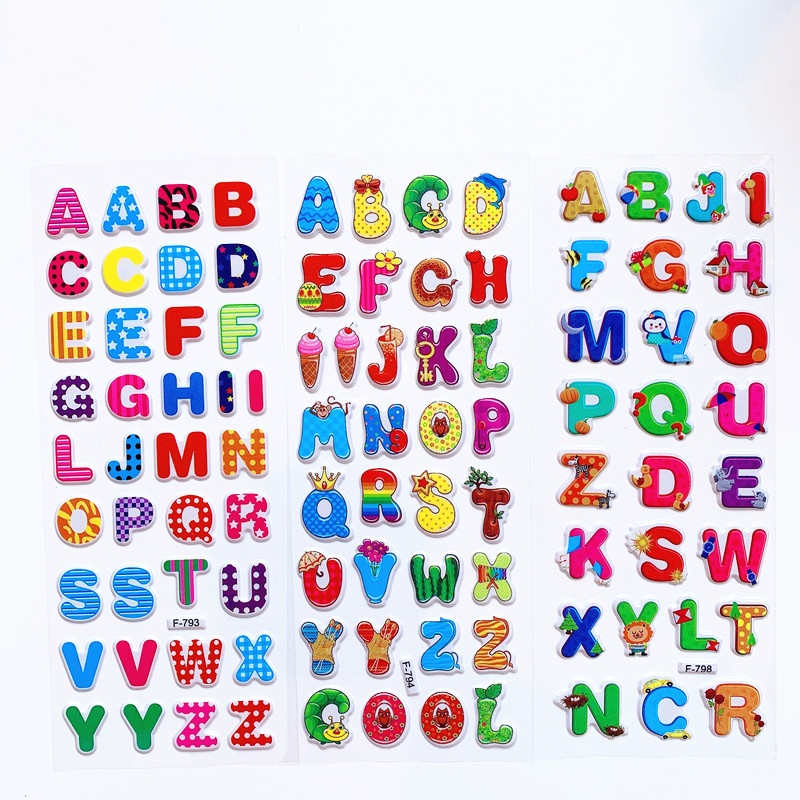 Bộ 6 Tấm Sticker Dán 3D Hình Chữ Cái Tiếng Anh Họa Tiết Hoạt Hình Dành Cho Trẻ Em