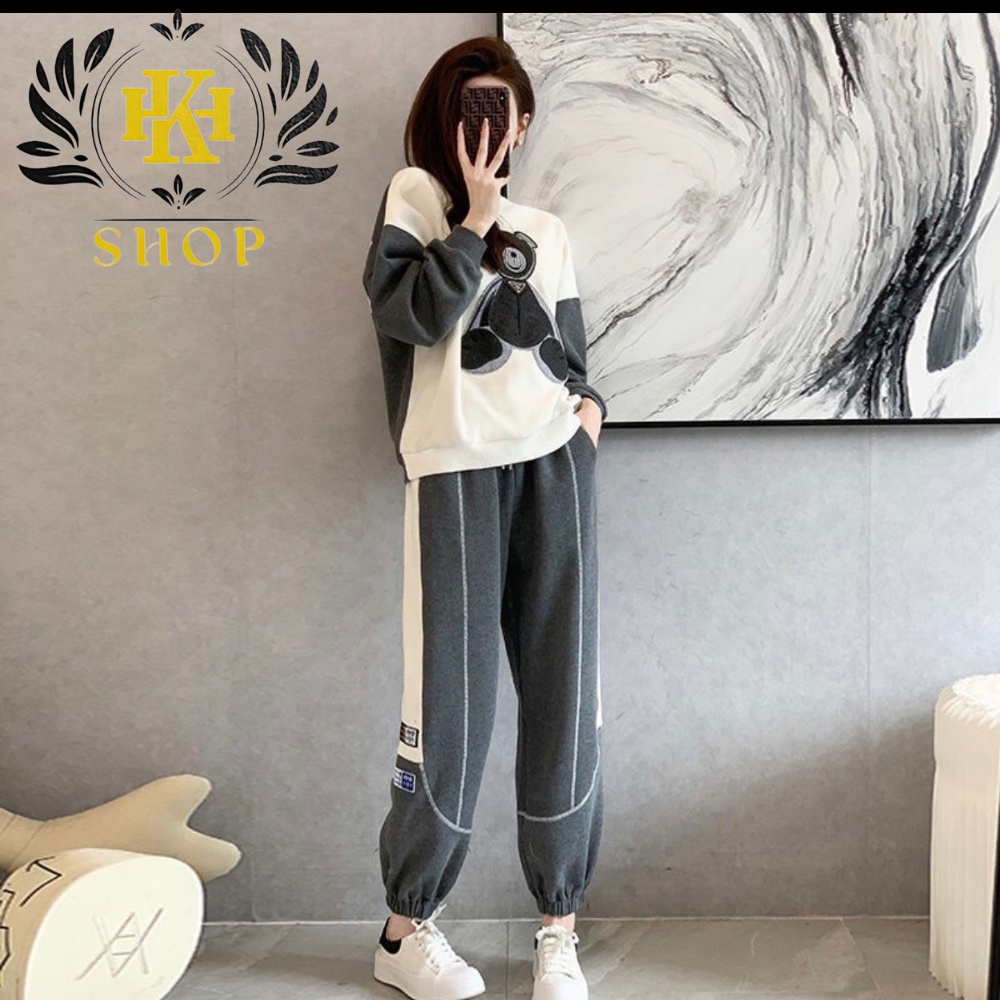 Bộ Thể Thao Nữ - áo nỉ nữ thu đông dài tay kèm quần Vải nỉ da cá dày, Viền cẩn thận Hình ép 5d sịn sò đáng yêu HK shop97