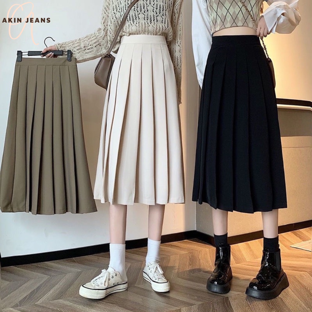 Chân Váy Xếp Ly, Akin Jeans, Váy Midi Xoè Dáng Dài Qua Gối Cạp Cao Phong Cách Ullzang Hàn Quốc, VXLD