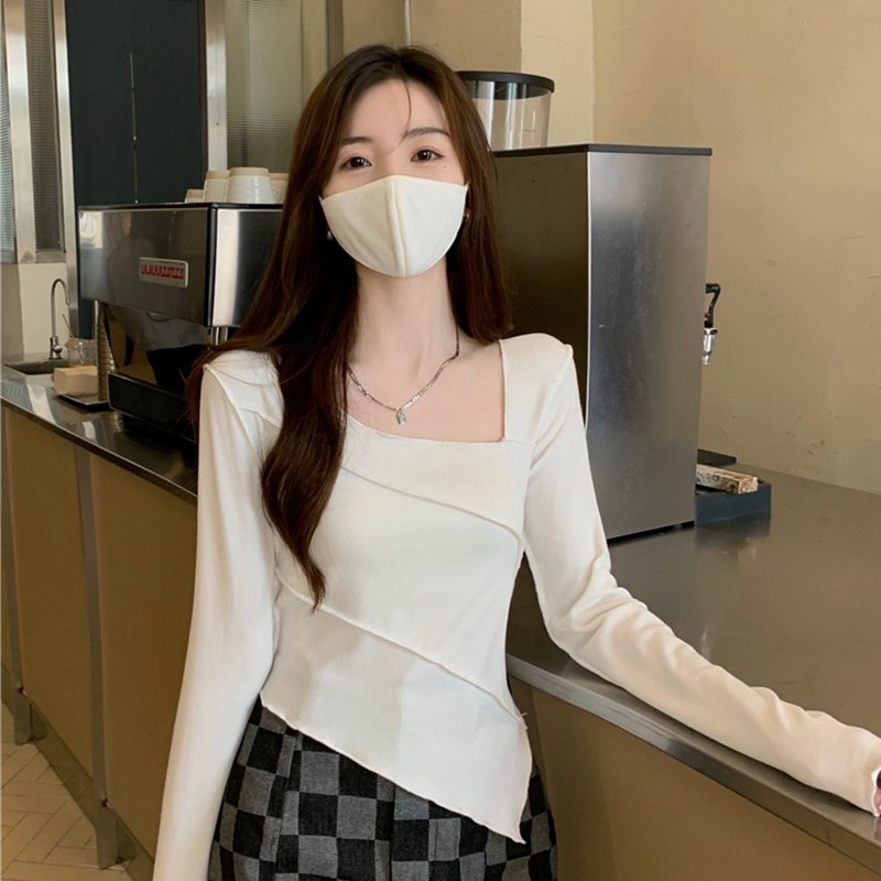 IELGY Áo Thun Tay Dài Cổ Vuông Dáng Ôm Thiết Kế Độc Đáo Thời Trang Cho Nữ