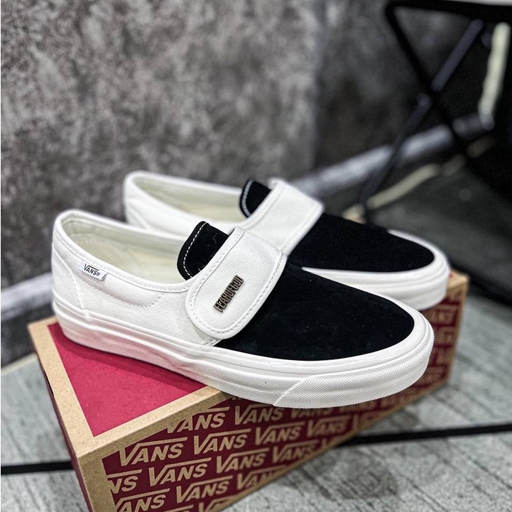 Thể Thao Sneaker Vans Slip On Fear Of God Strap Black White Bản SC lười Trắng Đen