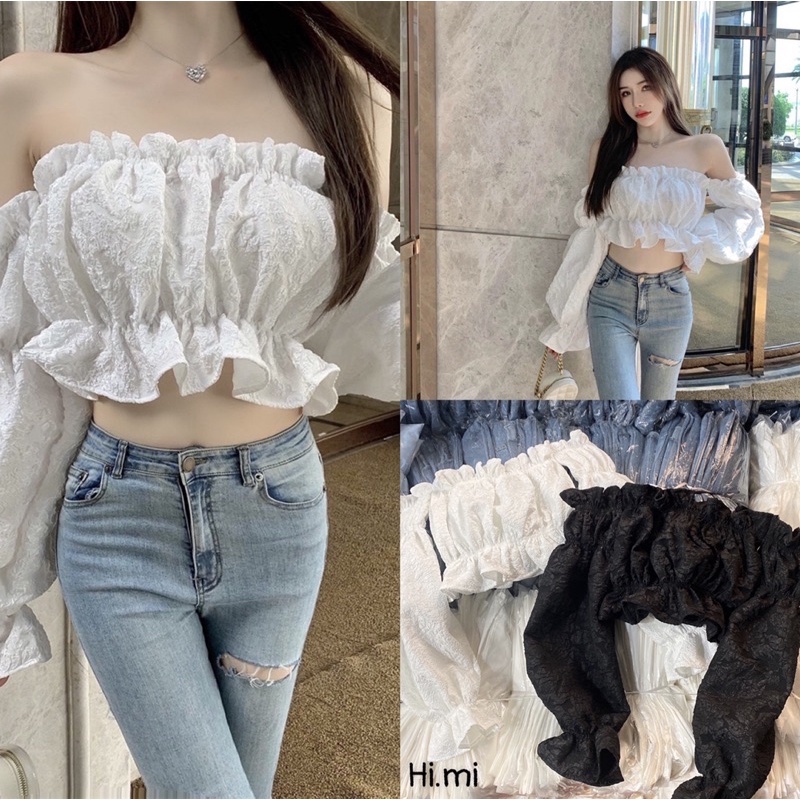 Áo trễ vai tay croptop bồng nhún bèo dễ thương A11-2 Rere.style, áo crt bẹt vai
