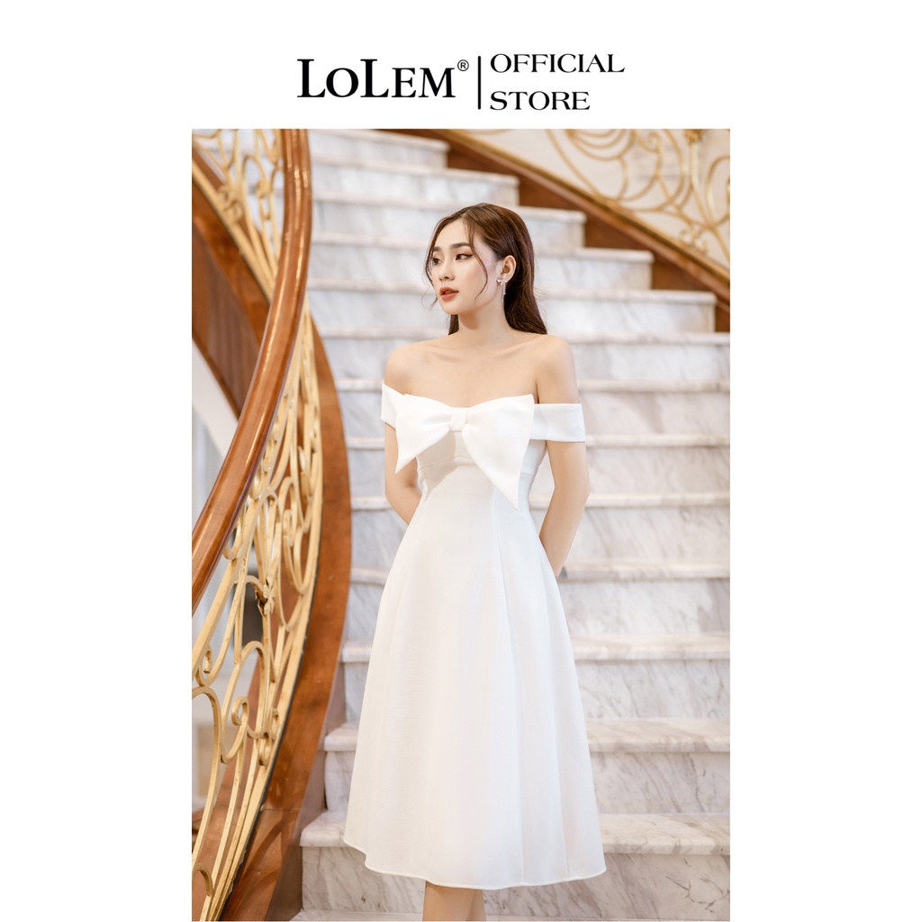 Đầm trễ vai LOLEM DX354 dáng dài phối nơ ngực vải gạo Mỹ cao cấp