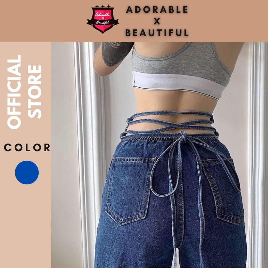 Quần Jeans Xanh Suông Dài Cột Dây Quanh Eo Phong Cách Sexy
