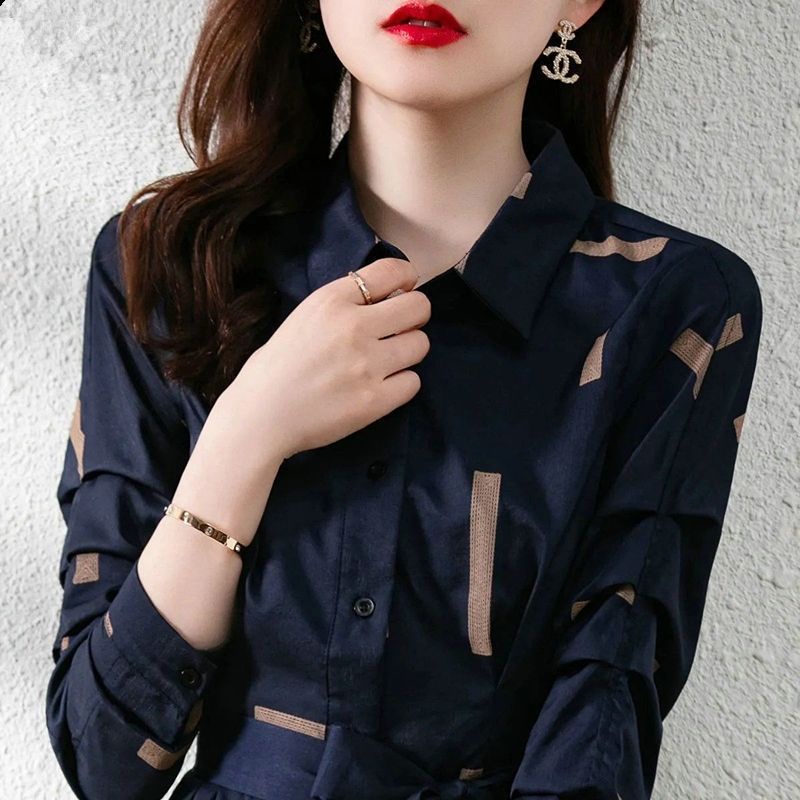 Đầm Sơ Mi Dài Qua Gối Ôm Eo Màu Sắc Tương Phản Thời Trang Xuân Thu 2023