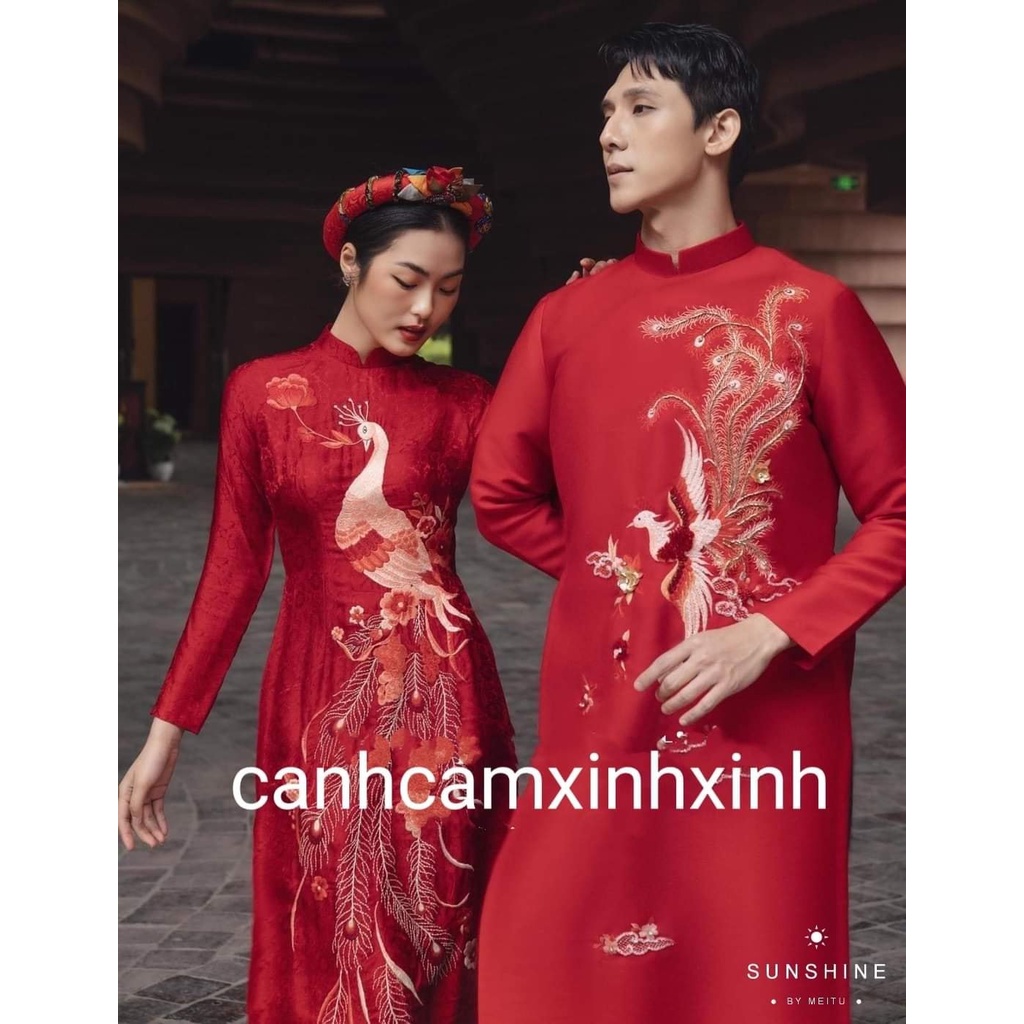 Áo dài cặp CÔ DÂU-CHÚ RỂ đính kết pha lê thủ công tỉ mỉ tinh tế, sang trọng.