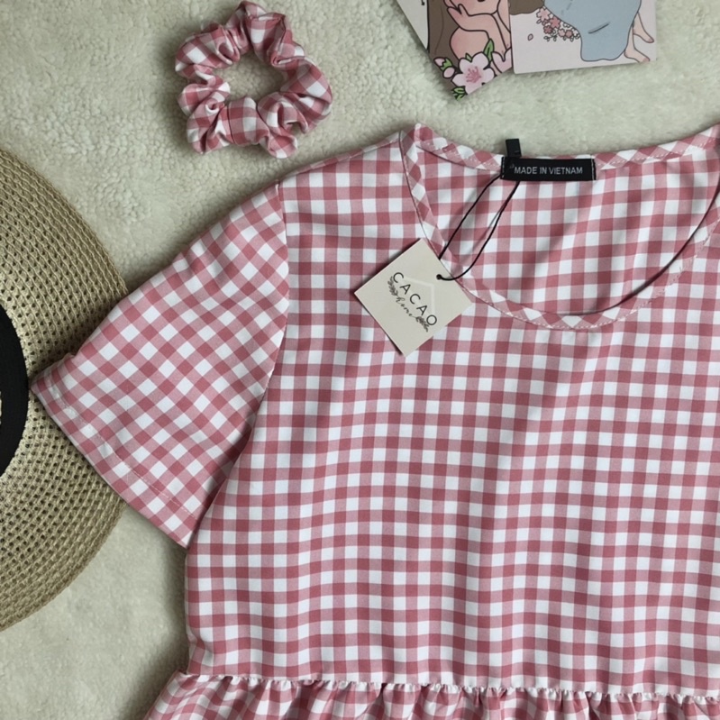 Áo babydoll caro tay ngắn xinh xắn tặng kèm scrunchie cùng màu