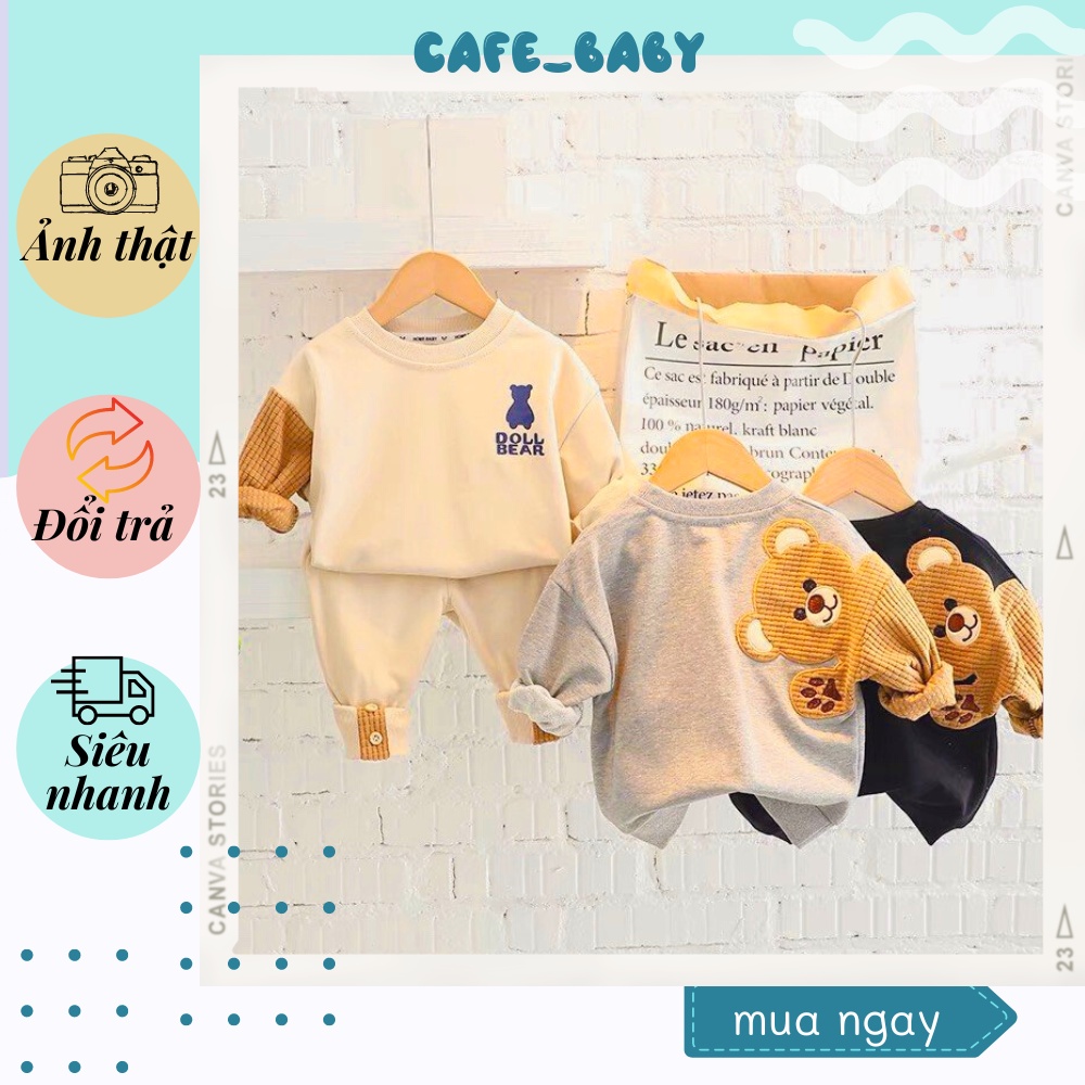 (8-20kg)Set bộ quần áo thu đông dài tay hình gấu đáng yêu chất liệu nỉ da cá phối nhung QC cao cấp cho bé CAFE_BABY002