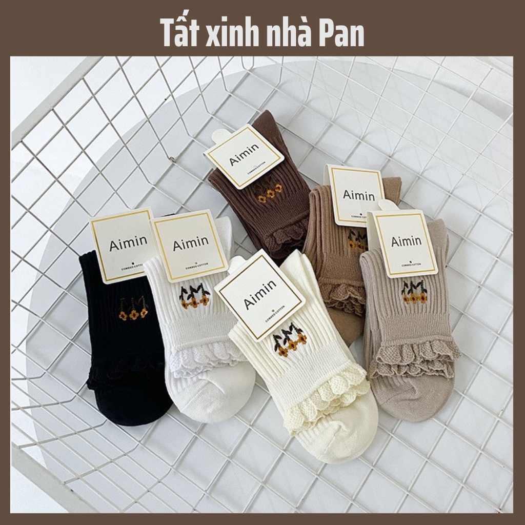 Tất Thêu Hoa Hướng Dương viền ren cực chất lượng chất liệu cotton