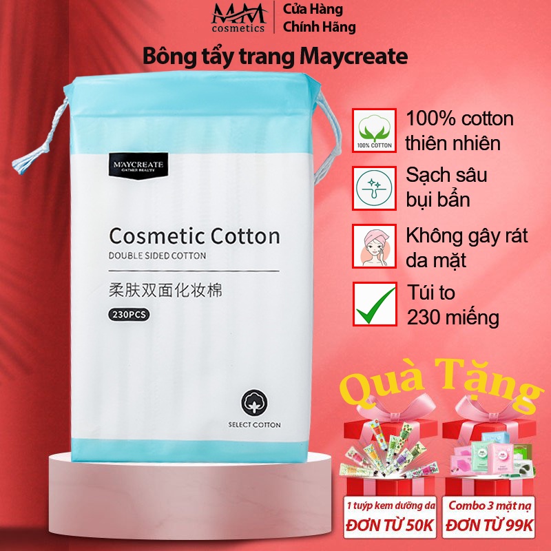 Bông tẩy trang Maycreate túi to 230 miếng 100% thấm hút nhanh tẩy sạch bụi bẩn không làm tổn thương da MM32