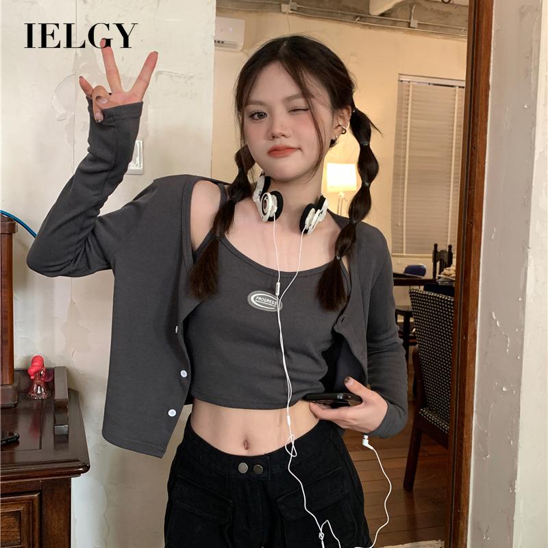 IELGY    Bộ Áo cardigan Dài Tay Ôm Dáng + Quần Yếm Xinh Xắn Theo Phong Cách Hàn Quốc Dành Cho Nữ
