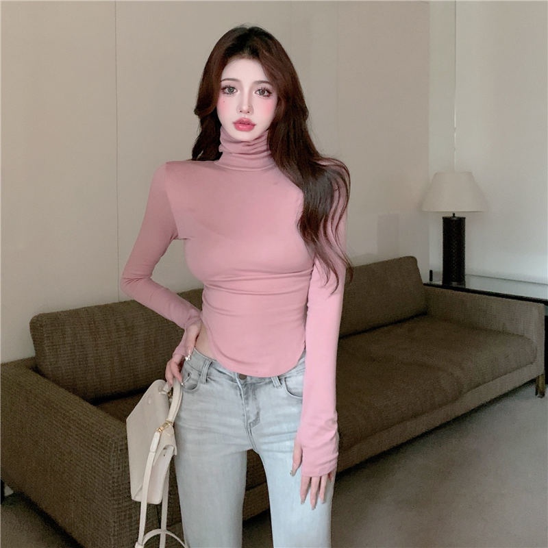 JSC Jiashucheng Áo Thun Tay Dài Cổ Cao Ôm Dáng Gợi Cảm Phong Cách Mới Mùa Đông Cho Nữ