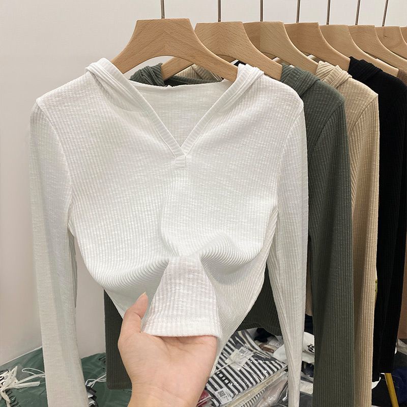 COZOK Áo Thun Tay Dài Có Nón Cổ Chữ V Dáng Ôm Thời Trang Cho Nữ